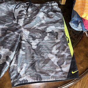 Vintage Nike Large Camo Swim Trunks Shorts Neon Green Accent Drawstring Waist